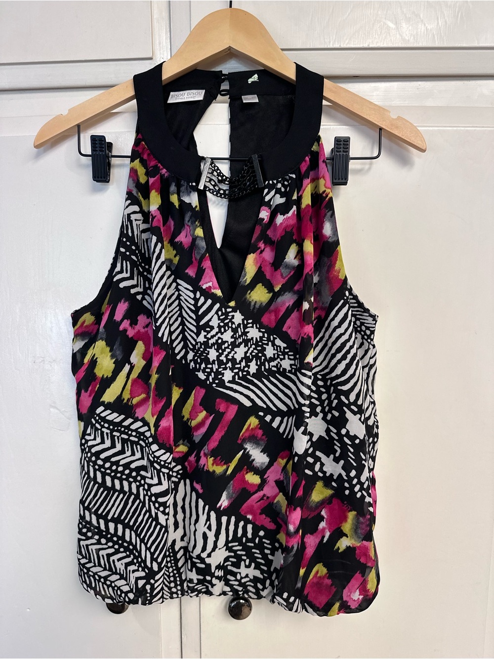 Bisou Bisou Black Halter Camisole with Pink & Yellow Abstract Print